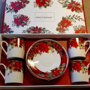 Grace Teaware Plaid Poinsettia espresso cups & saucer set